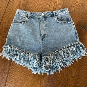 Denim Faux Diamond Fringe High-Waist Women's Shorts - Festival | Bachelorette